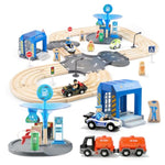 59 Pcs Wooden Train Set For Toddlers, Toy Train With Track For Kids Ages 3-6, Deluxy Double Track City Police Station Railway Playset Gifts For Boys And Girls Ages 3+