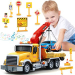 15" Large Tow Truck Toy, Toy For 3 4 5 6 Years Old Boy Toddlers, Truck Vehicle With Racing Car, Traffic Signs, Working Hook, Light Sound,Easter Basket Stuffers,Birthday Easter Gift