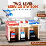 Rescue Station Kids Playset - 2-Level, 3-Bay Parking Garage Toy Set With Fire Truck, Ambulance, Police Car, And 3 Rescue Helicopters - Wooden Toy Rescue Vehicles For Kids Ages 3 And Up