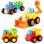 4 Pack Friction Powered Cars Construction Vehicles Toy Set Cartoon Push And Go Car Tractor, Bulldozer, Cement Mixer Truck, Dumper For Year Old Boy Girl Kid Gift