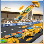 Transport Truck Toys For 3 4 5 6 7 Years Old Boys,Toy Cars Track Set Transporter Trucks With 12 Die-Cast Car Toys 2 Race Catapults Dual-Track Model,Toddler Set For Kids Boys Girls,Yellow