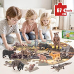 12Pcs Large North American Animal Figurines & 67Pcs Large Woodland Jigsaw Puzzles Toys For Preschool Kids Toddlers, Ideal Realistic Safari Animals Toys Gift For Toddlers Kids