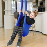 Sensory Swing For Youngsters Indoor, Therapy Swing With Stand, Extension Strap, Screws, Soft & Elastic Polyester Swing, Promotes Balance, Coordination, Muscle Strength, Blue 9.2 X 4.9 Ft