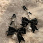 Black Satin Bow Nipple Clamps With Silver/Gold Charms - Adjustable Fetish Jewelry For Sensual Play And Cosplay, Unique Kink Accessory With Paw Print And Bell Charm (Golden Palace Bell)