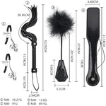 6Pcs Bondage Restraints Set With Furry Handcuffs Satin Blindfold, Whip, Spanking Paddle, Bells Clamp, Feather Teaser For Couples