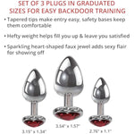 Three Hearts Gem Anal Plug Set, 3 Piece Polished Aluminum Butt Plug Kit With Sparkling Jewel Bases, Small Medium Large Sizes, Tapered Tips For Easy Insertion, Includes Velvet Storage Bag