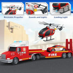 Kids Toys For 3 4 5 6 7 8 Years Old Boys, 27" Fire Truck Toy With Racing Car And Helicopter, Toddler Friction Powered Truck Vehicle Toy With Lights, Sounds For Boys Girls Christmas Birthday Gifts