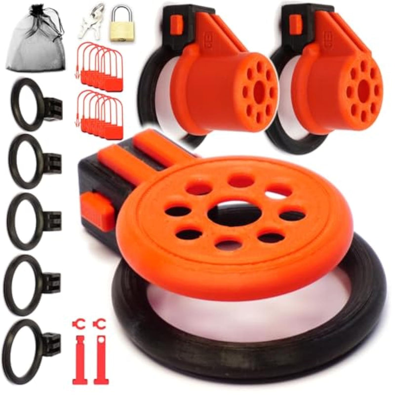 German Modern Design Chastity Devices Belt Men Cock Cages 3 In 1: Revolver-R8, Revolver-R30 & Revolver-R40, 5 Rings By , 5 Rings, Black-Red