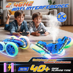 Rc Cars Toys, 2-In-1 Remote Control Car Transform 4Wd With Spray & Led Lights, 2.4Ghz Off-Road Stunt Truck For 360° Flips Gift For Boys Age 8-12 (Blue)