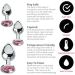 Pink Gem Anal Plug Set – 3 Butt Plug Sizes, Body-Safe Aluminum, Temperature Play, Sparkling Pink Jewel Base, Includes Velvet Storage Bag - Anal Training Kit For Backdoor Play