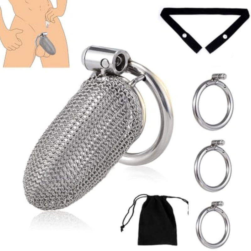 Chastity Cage - Male Chastity Device With Invisible Lock Set, 3 Sizes Rings (1.57", 1.77", 1.97"), Cock Cage Metal Mesh Chain,Large Stainless Steel Penis Bondage Restraints Bdsm Sex Toy For Men?L?