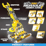 Smiesskiddo 3 In 1 Hydraulic Robot Arm - 220 Pcs Stem Building Toys With 4-Jaw Grab, Suction & Tongs For Kids 8-12 | No Batteries Needed Engineering Gift For Boys & Girls Ages 9 10 11 - Yellow