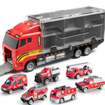 Toddler Toys For 3-9 Years Old Boys Die-Cast Emergency Fire Rescue Vehicle Double Side Transport Car Toy Set W/Play Mat, Alloy Metal Fire Truck Gifts For Age 3 4 5 6 Kids Boys Girls Birthday Party