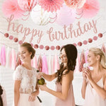 Birthday Party Decorations 22 Pcs, Birthday Celebration Decoration Set, Rose Gold Party Decor, Paper Fans, Lanterns, Pom Poms, And Tassels For Birthday Celebrations