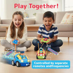 Prextex 2 Pack Cartoon Remote Control Cars for Toddlers - Police Car and Race Car with Steering Wheel Controllers and Lights - Different Frequencies So Both Can Race Together - Toddler Gift 18+ Months