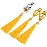 Stainless Steel Anal Plug Butt Plug Tassels Trainer Set With A Pair Of Nipple Clips Anal Massager Sex Toy For Men Women Unisex Gay(L,Yellow)