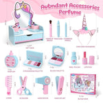 Wooden Makeup Vanity Set For Girls, Unicorn Pretend Play Kids Table Toys With Mirror, Drawer, Hair Salon Set & Makeup Accessories, Gift About Princess Dress Up For Toddlers Aged 3, 4, 5-8