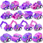 16-Piece Mini Construction Car Set|Pink Assorted Pull Back Car Toys Construction Vehicles For Girl 3-5 Years Old Kids|Small Play Truck Bulk Birthday Gift Themed Cake Decoration|Beach Party Favors Toys
