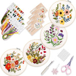 4 Sets Beginner Embroidery Kits with Floral Patterns, Hoops, Needles & Fabric