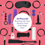 All You Need Bondage Kit - 20 Piece Bondage Set - Includes Blindfold, Flogger, Nipple Clamps, Vibrators, Anal Beads, Cock Ring And Much More - Sex Toys For Couples - Black/Purple