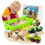 59 Pcs Farm Sensory Bin - Sandbox With Lid, 2.2 Lb Sensory Sand Kit For Boys, Toddler Farm Toys, 3 Take Apart Construction Trucks -Sensory Toys For Kids 5-7, 3-4 & Up- Kids Gifts For Boys And Girls
