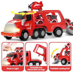 Fire Truck Toy For 3 4 5 6 7 Years Old Toddler Boys, 8-In-1 Fire Car Carrier Vehicle Set For Boys Age 3-5, Transport Car With Light & Sound, Kids Toys Cars Set For Birthday