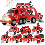 Fire Truck Toy For 3 4 5 6 7 Years Old Toddler Boys, 8-In-1 Fire Car Carrier Vehicle Set For Boys Age 3-5, Transport Car With Light & Sound, Kids Toys Cars Set For Birthday