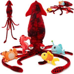 5Pcs Giant Squid Stuffed Animal With 4 Sea Animal Plush Toy, Clownfish Crab Seahorse Angler Fish Baby Stuffed, 41.3" Squid Plush For Boys Girls Kids, Ocean Theme Party Decor