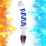 Glass Double Ended Dildo, Crystal Penis Cock Dong Anal Butt Plug Pleasure Wand With Blue Spiral For Men Women Stimulation