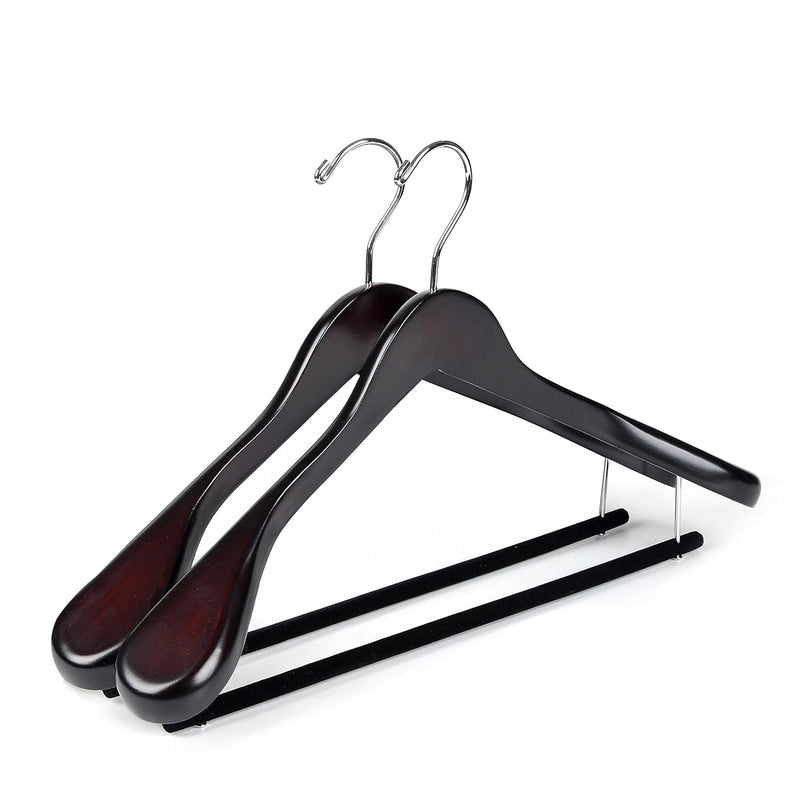 Luxury Wide Shoulder Wooden Hangers 2 Pack, With Velvet Bar, Smooth Mahogany Fin