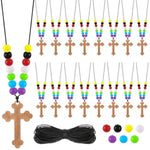 16 Set DIY Wooden Cross Necklace Kits with Colorful Beads for Christian Crafts