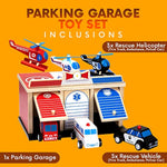 Rescue Station Kids Playset - 2-Level, 3-Bay Parking Garage Toy Set With Fire Truck, Ambulance, Police Car, And 3 Rescue Helicopters - Wooden Toy Rescue Vehicles For Kids Ages 3 And Up