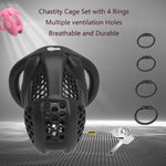 Breathable Honeycomb Penis Cage Set With 4 Flat Rings Small Cock Cages Men Chasity Device Slave Sex Toy Extreme Bondage With Large Urinal Design (Black,Flat-Micro)