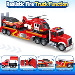 Toddler Boy Toys For 3 4 5 6 7 Years Old Kids, 21" Semi Fire Truck Toy With Racing Car And Helicopter, Friction Powered Toys With Lights And Sounds, Birthday For Boy Girls