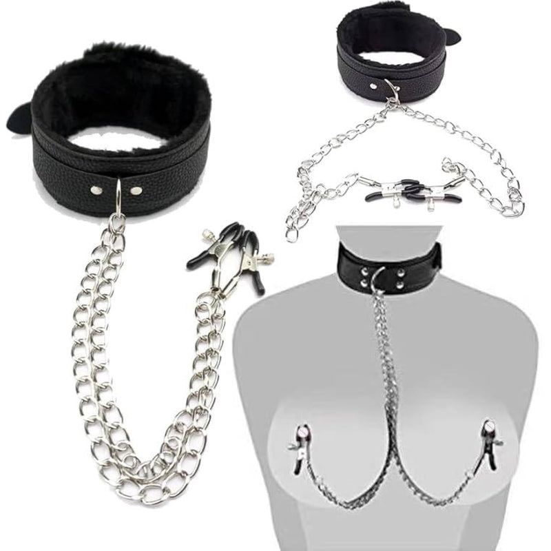 Adjustable Non Piercing Nipple Clamp, Breast Nipple Clamps Leather Collar Necklace, Nipple Clips With Metal Chain, Nipple Clamps For Sex Pleasure Black With Plush