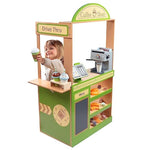 Pretend Coffee Shop Wooden Playset- Drive Thru Window Holiday Fun- Frappuccino, Straws, Espresso Maker, Bread, Pastries, Rotating Cash Register, Coffee Cups, Apron- 25+ Play Pieces Kids Xmas Gift