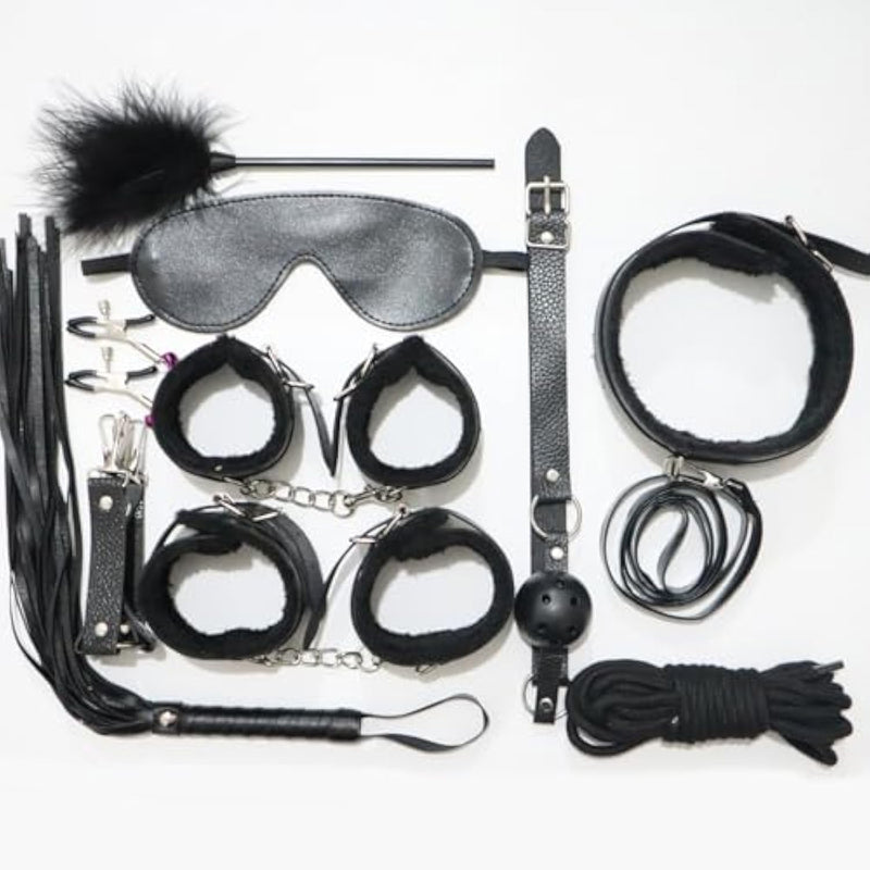 10 Pcs Sex Bondage Sm Restraints Kits Fetish Handcuffs Ankle Cuff Collar Blindfold Whip Rope Nipple Clamps Paddle Anal Toys,Bondage For Sex 10 Pcs Sm Leather Bondage Sets Restraint Kits For Women