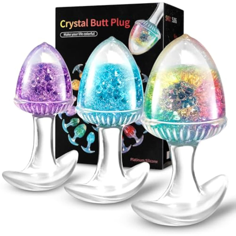 3Pcs Anal Plug Set, Liquid Silicone Butt Plugs With Luxury Crystal Glass Balls, G-Spot & Prostate Stimulation, T-Base For Safe Use, Large, Medium, Small, Suitable For Couples, Gay, Men & Women