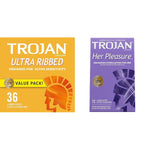 Ultra Ribbed Condoms For Ultra Stimulation, 36 Count, 1 Pack & Her Pleasure Sensations Lubricated Condoms - 12 Count (Packaging May Vary)