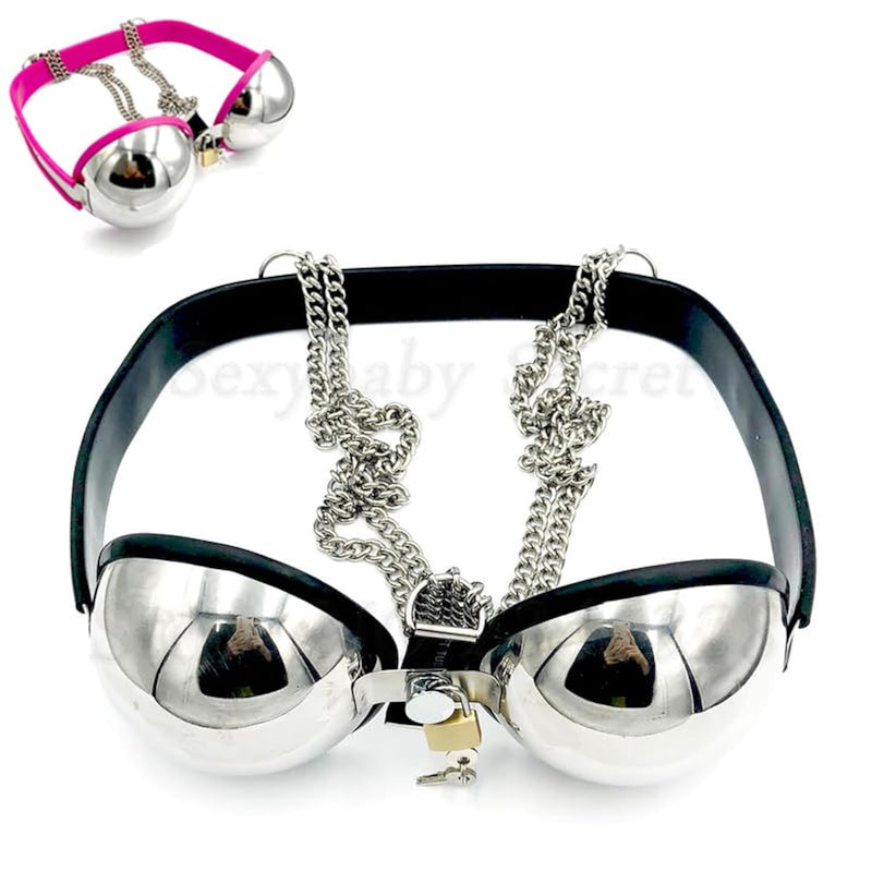 Female Chastity Device Bra Stainless Steel Adjustable Bdsm Slave Metal Lockable Underwear Chain Bondage Game Erotic Slave Fetish Sex Toy (Black)