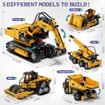 5 In 1 Stem Building Block Set For Kids Ages 8-14, Remote Control And App Controlled Excavator/Crane/Truck/Bulldozer/Roller, Birthday Gift For 8 9 10 11 12+ Years Old