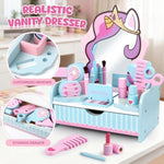 Wooden Makeup Vanity Set For Girls, Unicorn Pretend Play Kids Table Toys With Mirror, Drawer, Hair Salon Set & Makeup Accessories, Gift About Princess Dress Up For Toddlers Aged 3, 4, 5-8