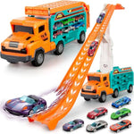 Carrier Truck Toys For 2 3 4 5 6 Years Old Boys, 2.8 Ft Race Track Transport Cars With 6 Die-Cast Metal Toy Cars, Birthday Gifts Kids Age 3-5, Racing Toys Gifts For Toddlers
