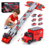 Versatile Transforming Truck With Race Tracks For Kids Ages 3-7 - Foldable Car Toy With Dual Launchers, 6 Cars, And Sounds, Ideal Gift For Boys And Girls Red