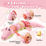 Baby Toys 0 To 12 Months, Musical Stuffed Animal Activity Soft Toys With Multi-Sensory Crinkle, Rattle And Textures,Infant Tummy Time Toys For Newborn Boys Girls, Crocodile, Pink