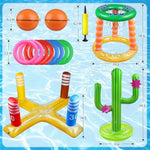Pool Games Set-8 Inflatable Rings,Inflatable Basketball Hoop,Cactus Toss Game,Cross Toss Game And 2 Inflatable Small Basketballs-Perfect Water Toys For Kids,Teens And Adults