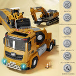 Construction Carrier Truck Toy - Die-Cast Construction Toy Set W/Semi Truck, Excavator, Bulldozer, Alloy Engineering Model Vehicle Toys W/Lights & Sounds, Model Cars For Boys Age 4-7