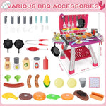 Kids Play Kitchen Toys, Kids Bbq Grill Kitchen Playset With Smoke, Sound & Light, Pink Play Food Toys Cooking Set, 2-Layer Barbecue Outdoor Play Grill Toy Gift For Toddler Girls 3-5, Pink