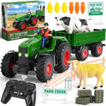 Remote Control Tractor Toy,Rc Tractor Set & Truck And Trailer,Truck Toys With 2 Rechargeable Batteries,Light,Farm Toys Include Cows,Sheep And Hay Bales,Toys For 3 4 5 6 7 8 Years Old Boys Girl