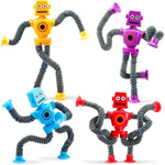 Pop Tubes Robot Toys For Kids 4 Pack – Stretchy Telescopic Fidget Toys With Suction Cups, Autism Sensory Toys For Toddlers, Classroom Prizes & Birthday Party Favors